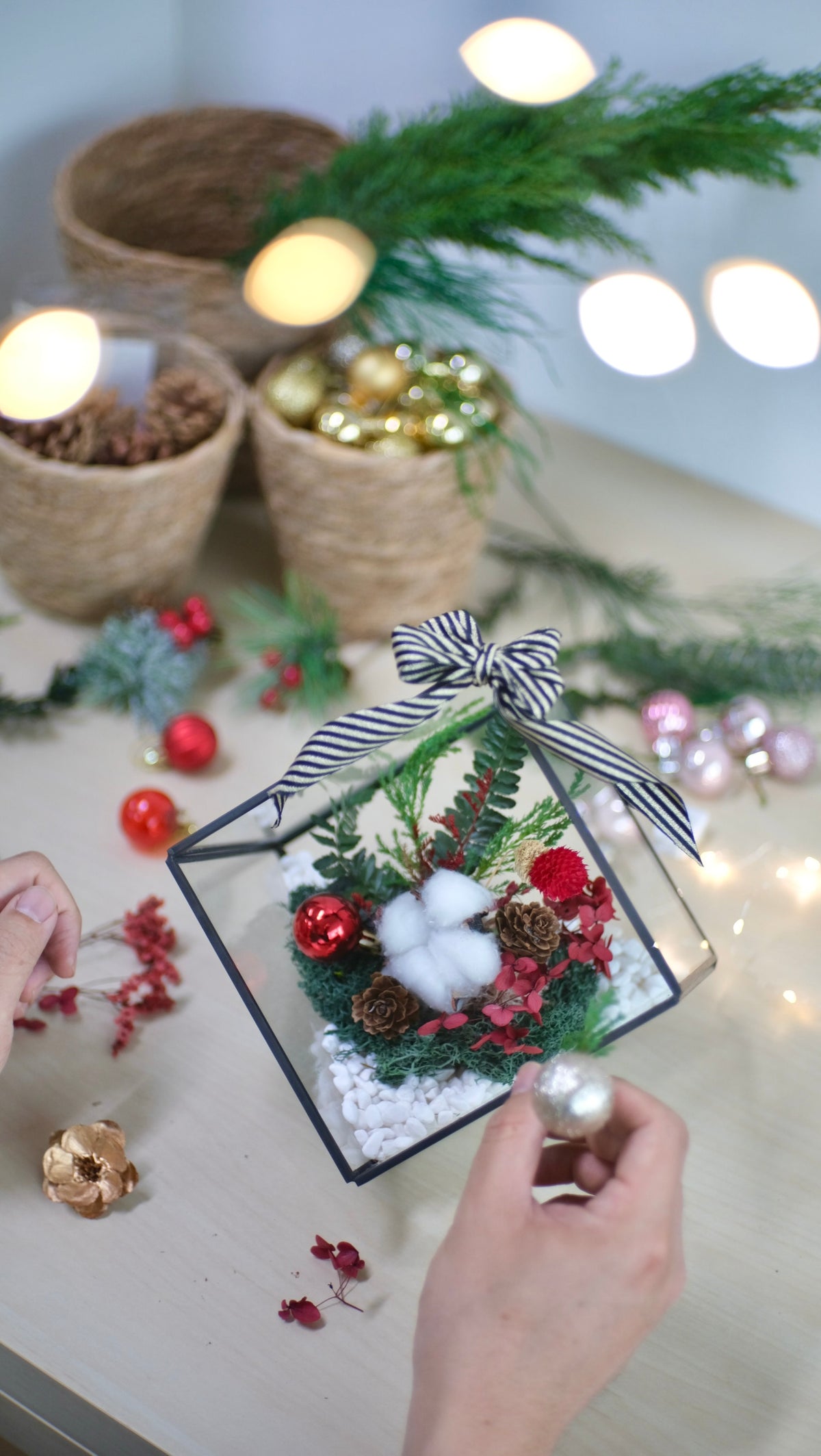 Festive preserved flower terrarium with fairy lights