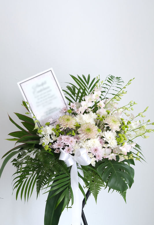 Condolence Sympathy Floral stand pale pink and white  chrysanthemum and orchids