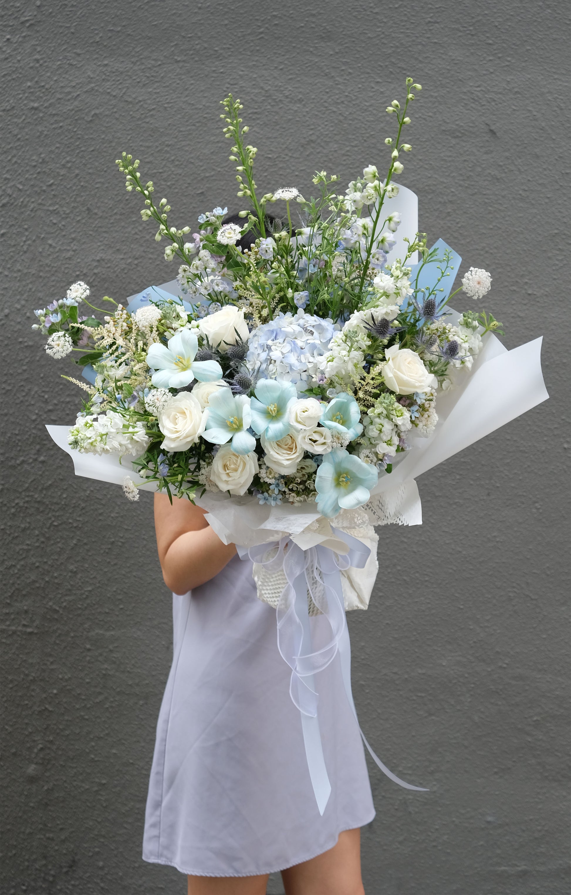 Flower Lab Singapore Florist Choice fresh flower hand tied bouquet  light blue with tulips