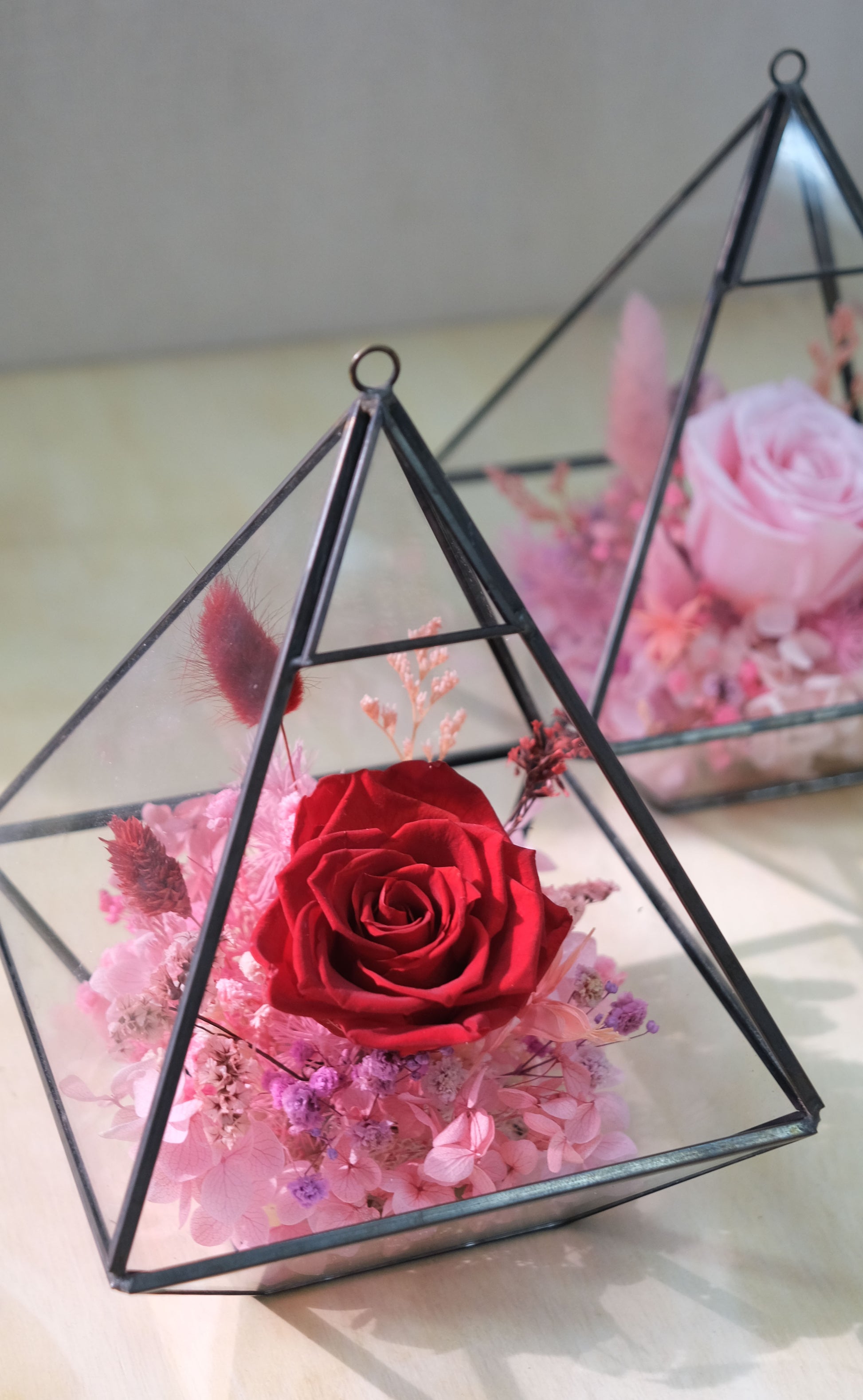 Flower Lab Singapore preserved floral terrarium red and pink