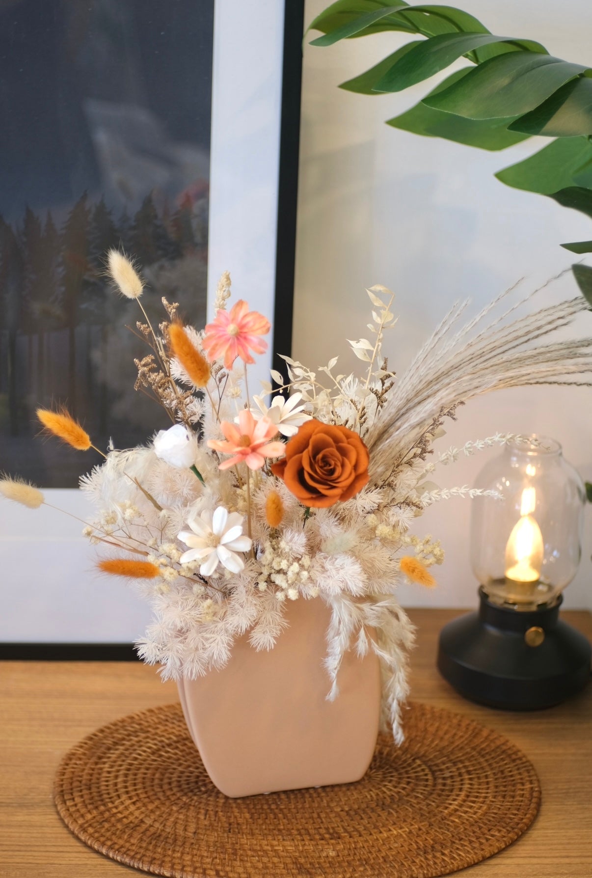 Flower Lab Singapore Hari Raya Home Deco Floral terracotta Orange Preserved rose with pampas wood flowers