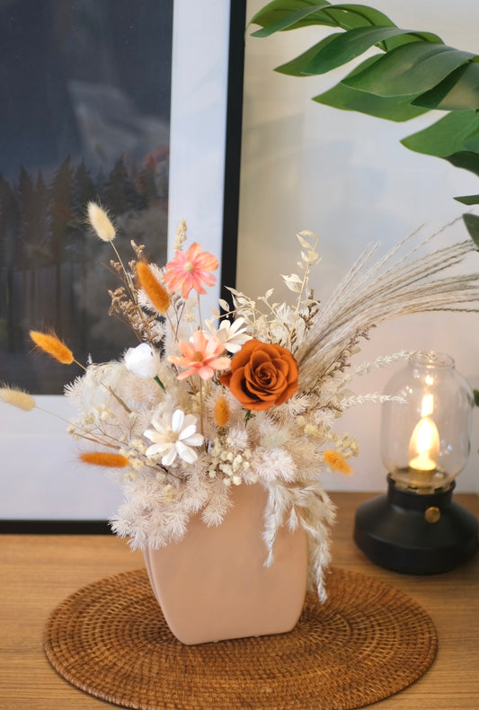 Flower Lab Singapore Hari Raya Home Deco Floral terracotta Orange Preserved rose with pampas wood flowers
