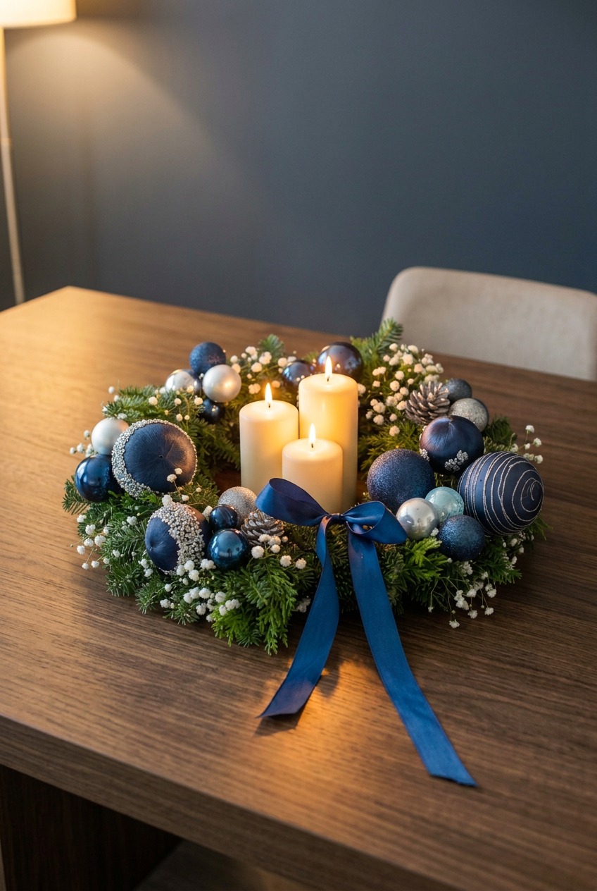 Winter Magic fresh blue and silver Christmas wreath laid flat on a table as a centrepiece