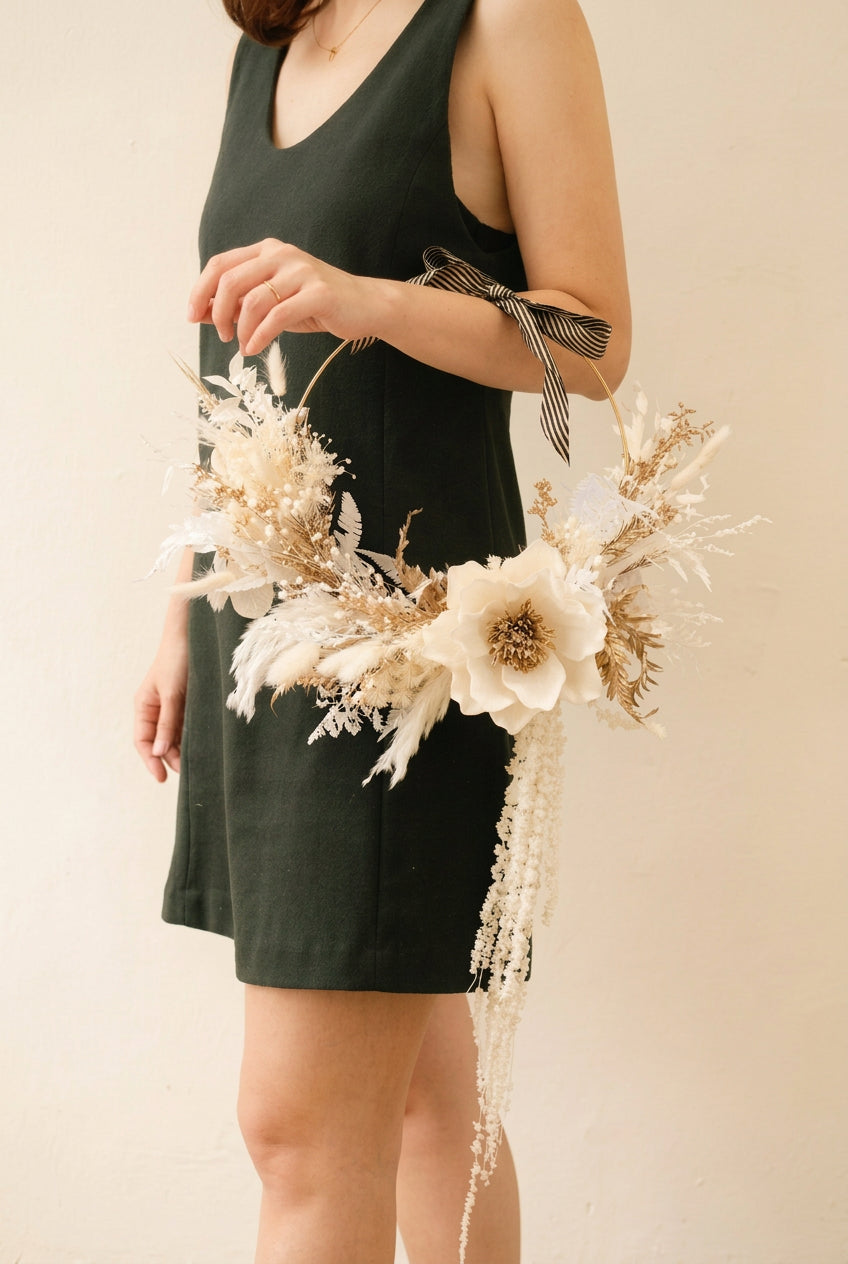 Snow White preserved Christmas wreath in white, cream and soft gold, handmade by FLOWER LAB Singapore