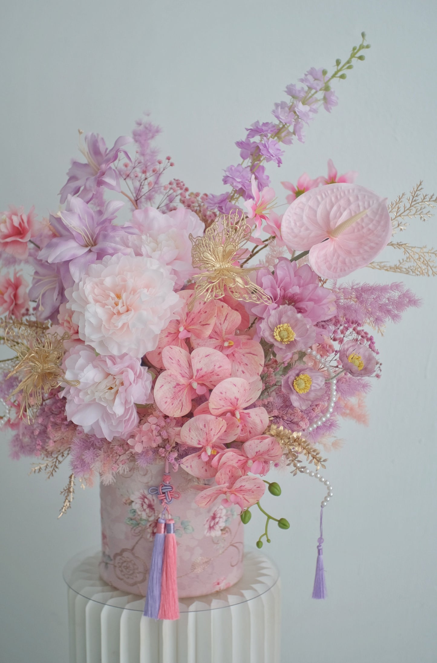 Flower Lab CNY 2025 flower arrangement pink and lilac orchid peonies lily 