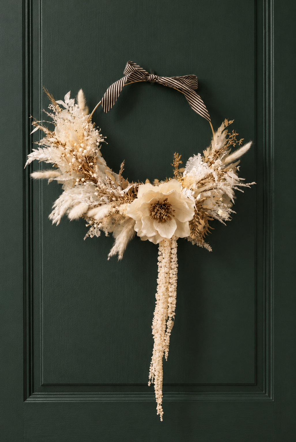 Snow White preserved Christmas wreath with pampas, sola wood flowers and gold accents hanging on a dark green front door