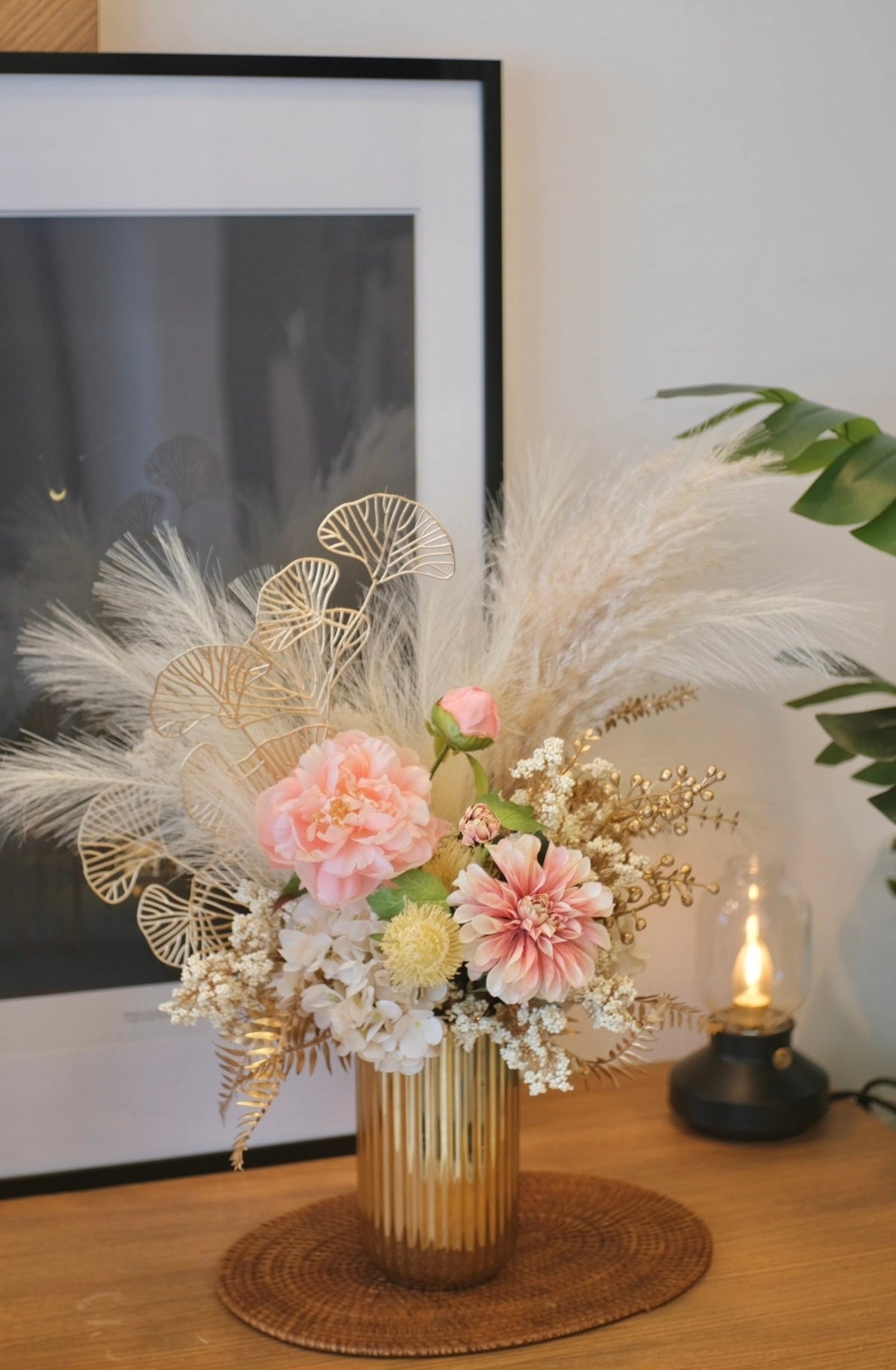 Flower Lab Singapore Hari Raya Floral Home Deco pampas faux flowers gold vase
