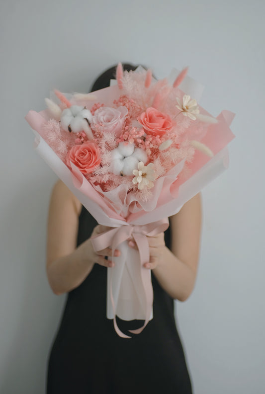 Flower Lab Singapore Preserved Dried Floral Bouquet cotton flowers pink roses