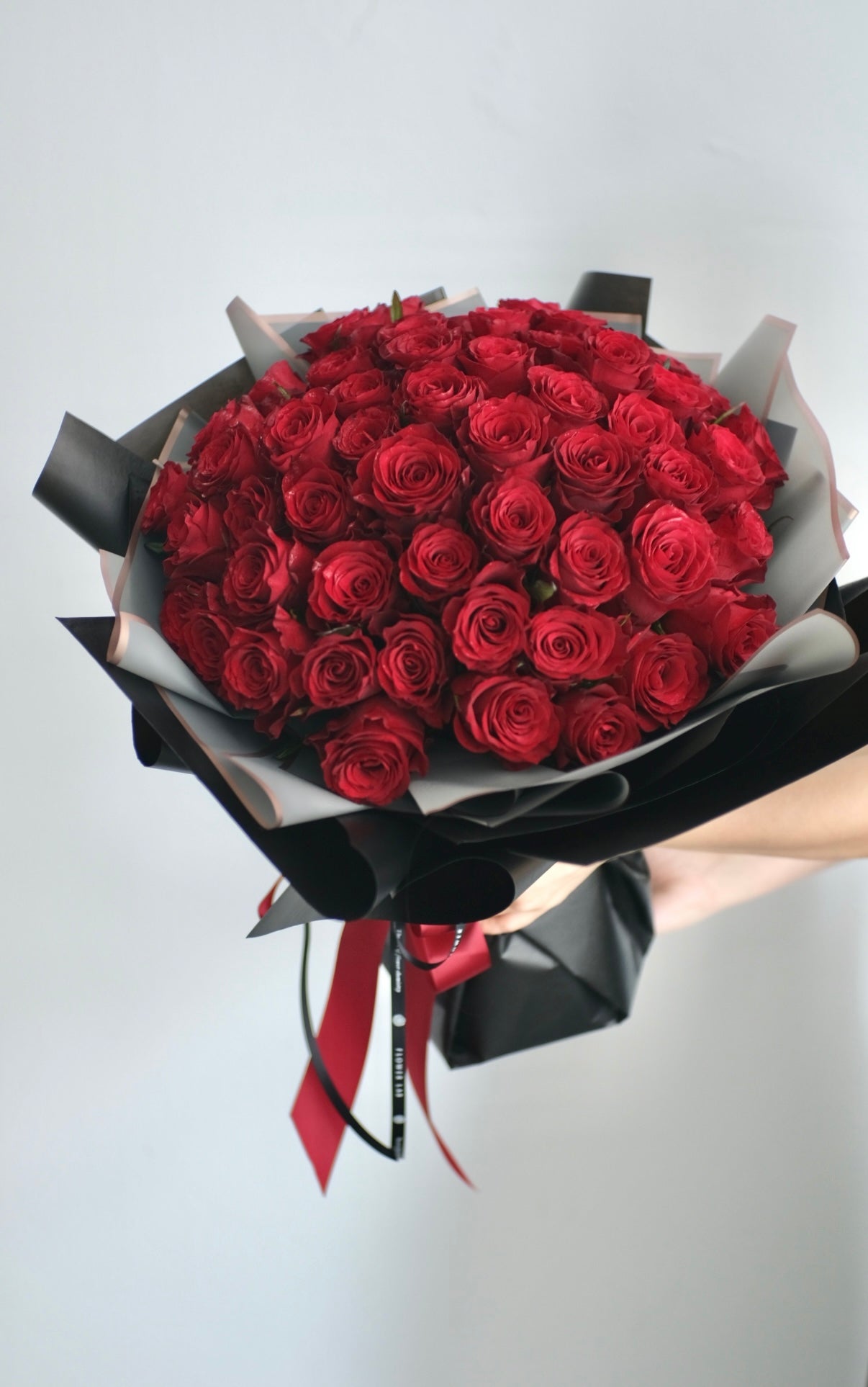 Flower Lab Singapore Red Roses Big Bouquet 50 stalks hand tied wrapping in black