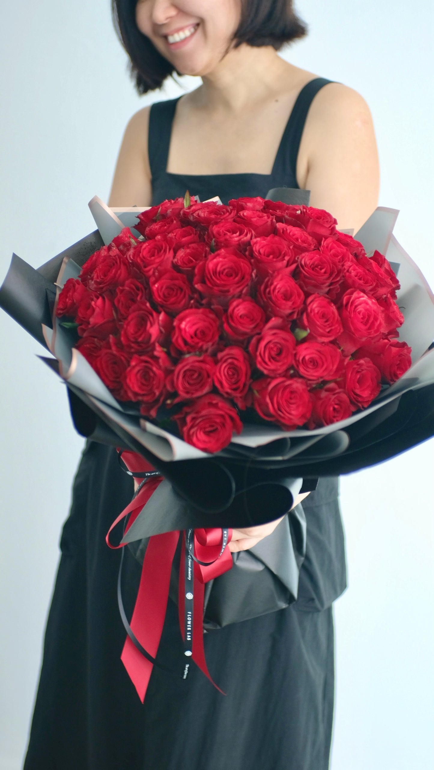Flower Lab Singapore Red Roses Big Bouquet 50 stalks deep red roses black wrapping hand tied 