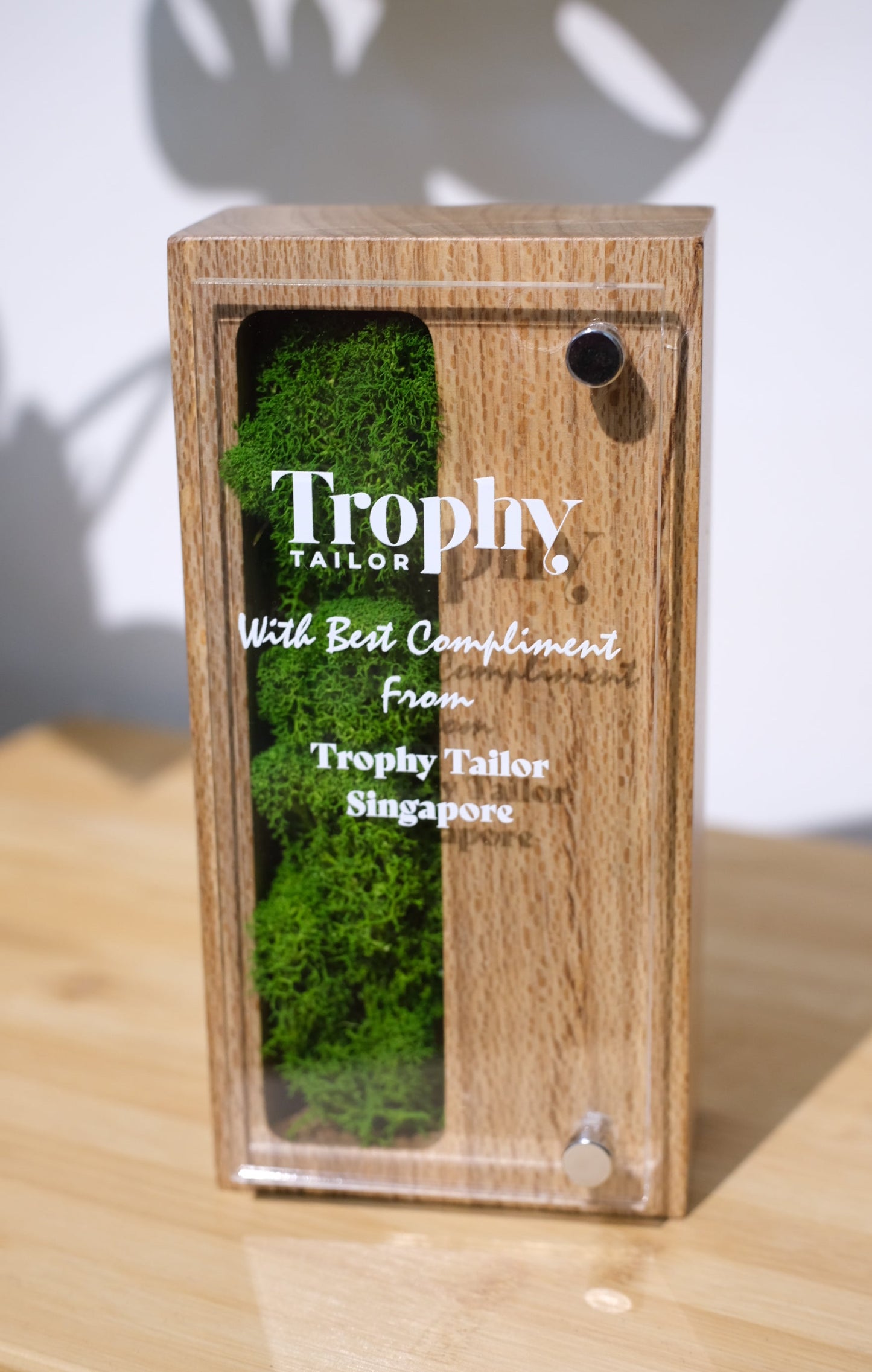 Wooden trophy with green moss-like material and 'Trophy Tailor' branding on a light wood background.