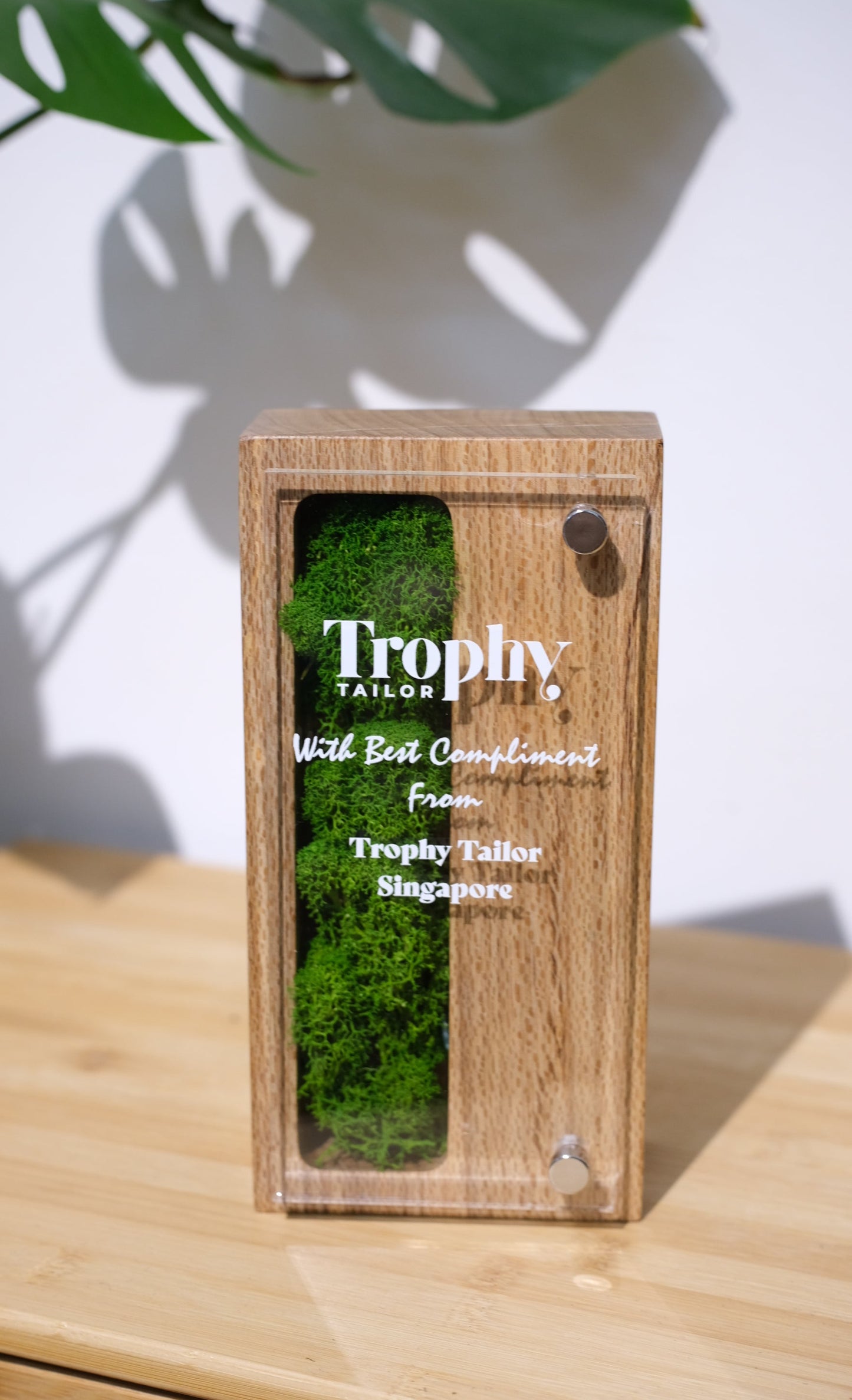 Wooden award with green moss-like material on a light wooden surface 