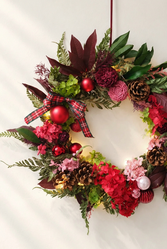Preserved Classic Christmas wreath in red, coral, blush and green