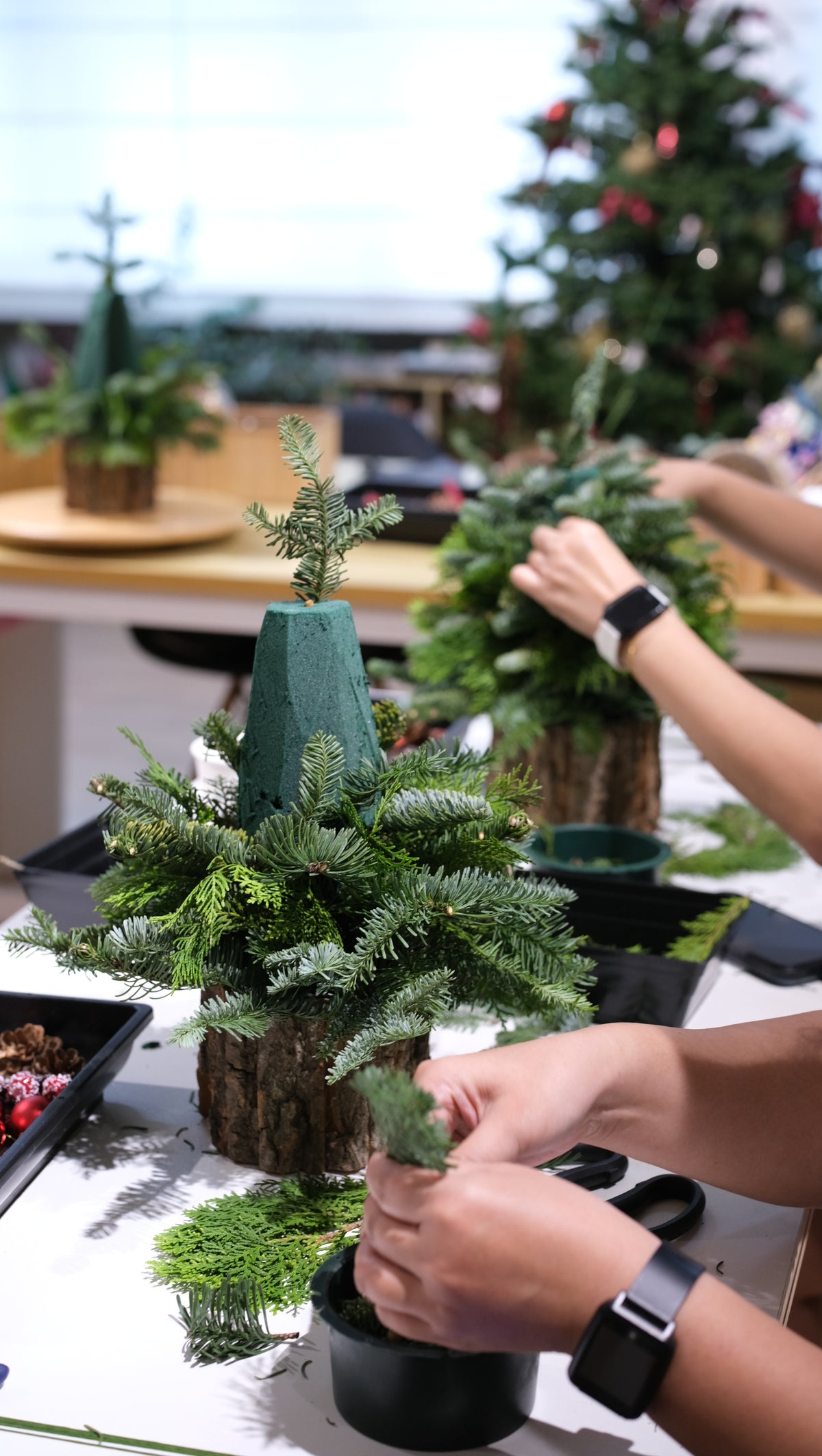 Hands assembling a fresh tabletop Christmas tree in a pot at the workshop table