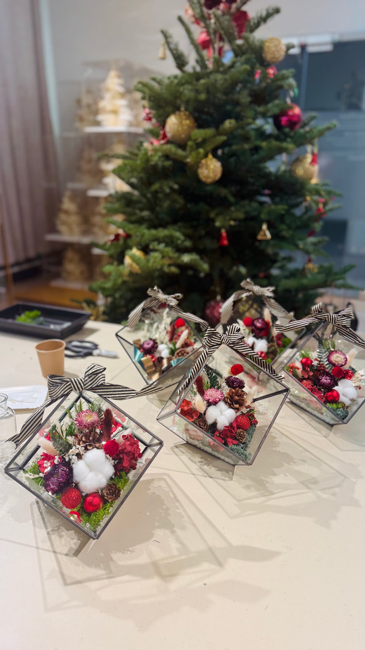 Row of finished preserved flower terrariums with red blooms on the workshop table