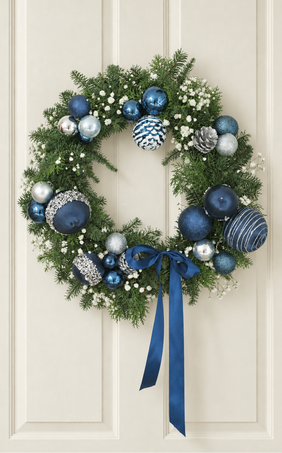 Winter Magic fresh Christmas wreath with pine foliage, navy, ice blue and silver baubles, silver pinecones and a navy satin ribbon