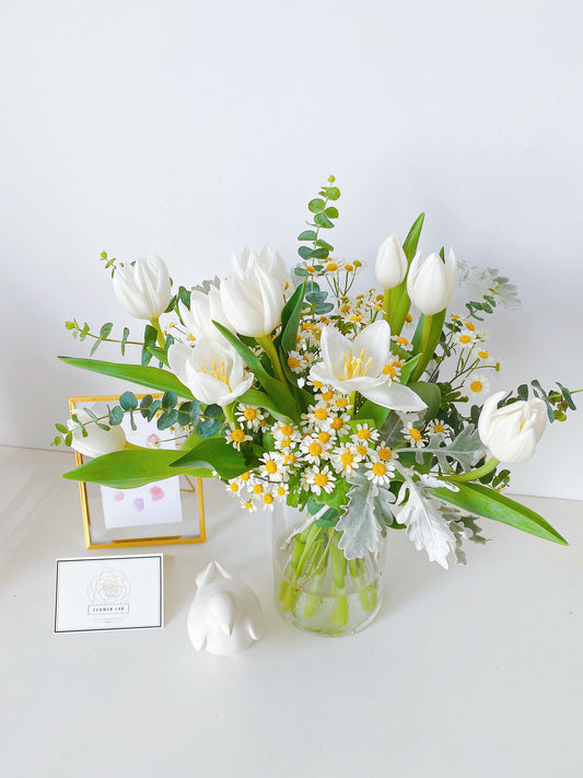 Flower Lab Singapore elegant bouquet featuring tulip, tanacetum and eucalyptus 