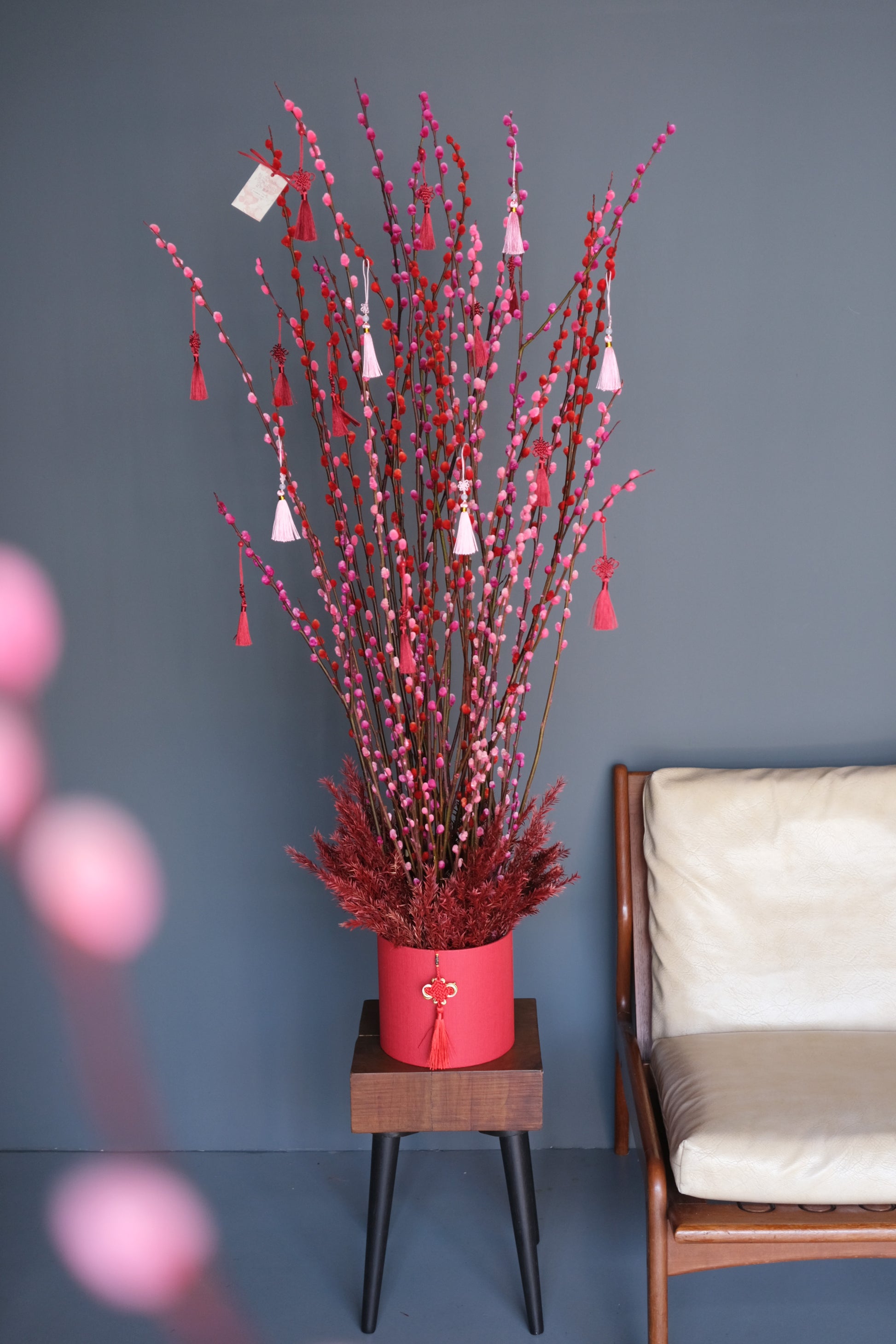 CNY Pussy Willows Arrangement Red Pink Large 